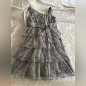 My Michelle Silver Tiered Sequins Bows Ruffles Glitter Sheer Dress 14